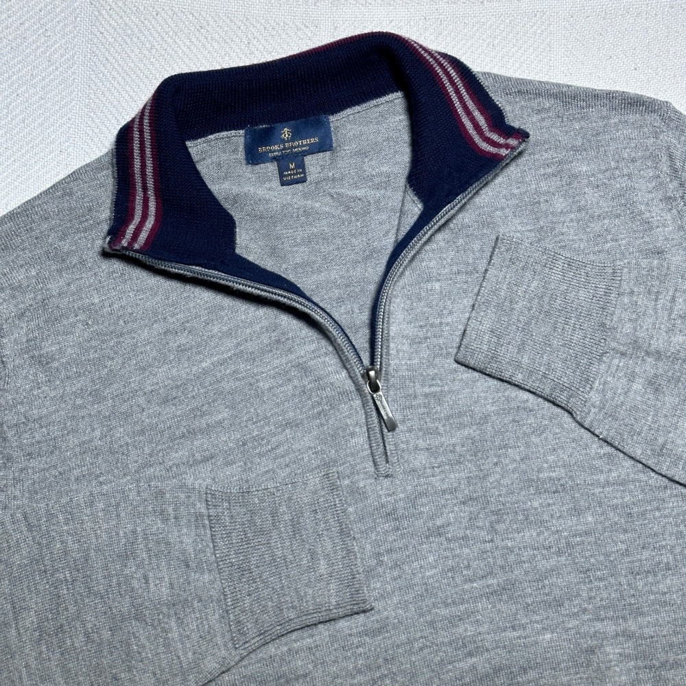 Brooks Brothers 1/4 Zip Sweater Mens Medium Extra Fine Merino Wool Gray Preppy
